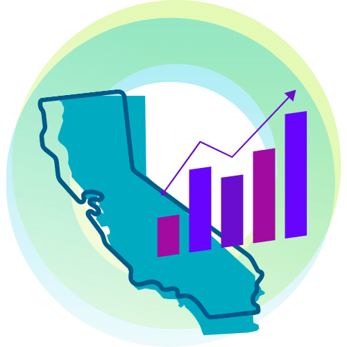icon of California with bar graph infront of a stylized, layered circle