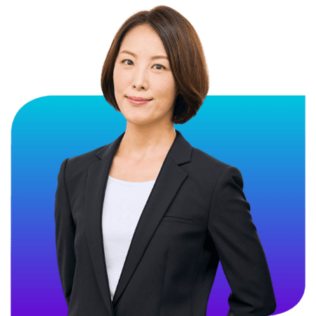 business woman smiling infront of blue gradient rectangle