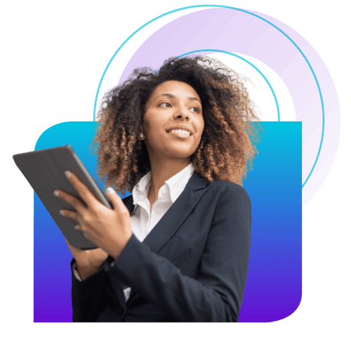 confident woman holding a tablet