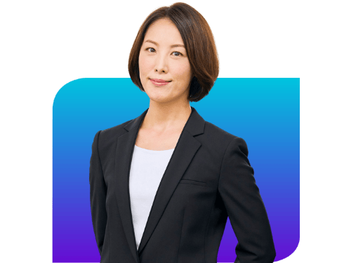 business woman smiling infront of blue gradient rectangle